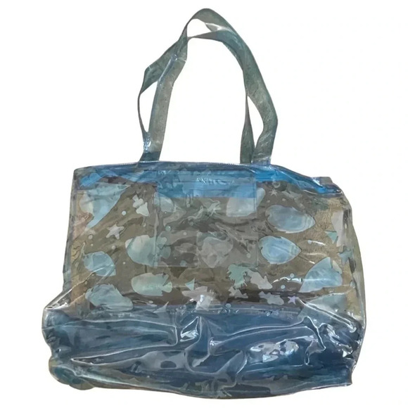 Clear Fish Print Beach Tote w/ Sand Wave Bottom - Picture 3 of 11